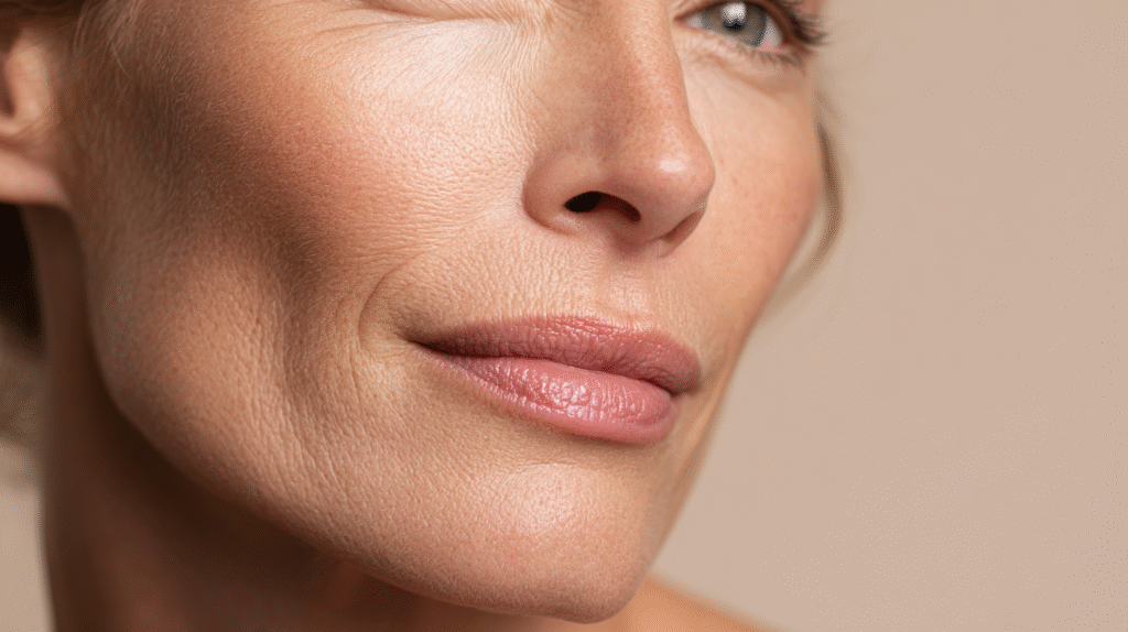 Close-up of a woman’s face showing fine lines and natural skin texture, representing realistic anti-aging skincare concerns.