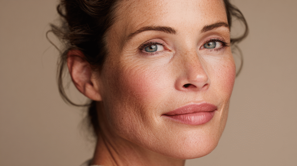 Close-up of a woman over 40 with smooth, radiant skin and fine lines, showcasing realistic anti-aging skincare results.