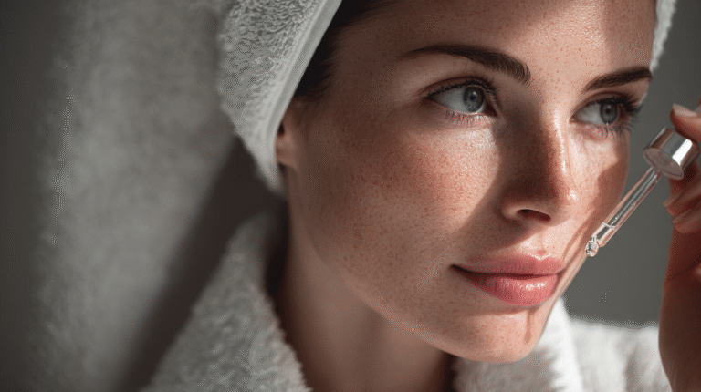 Woman in her 40s applying adult acne and wrinkles treatment serum