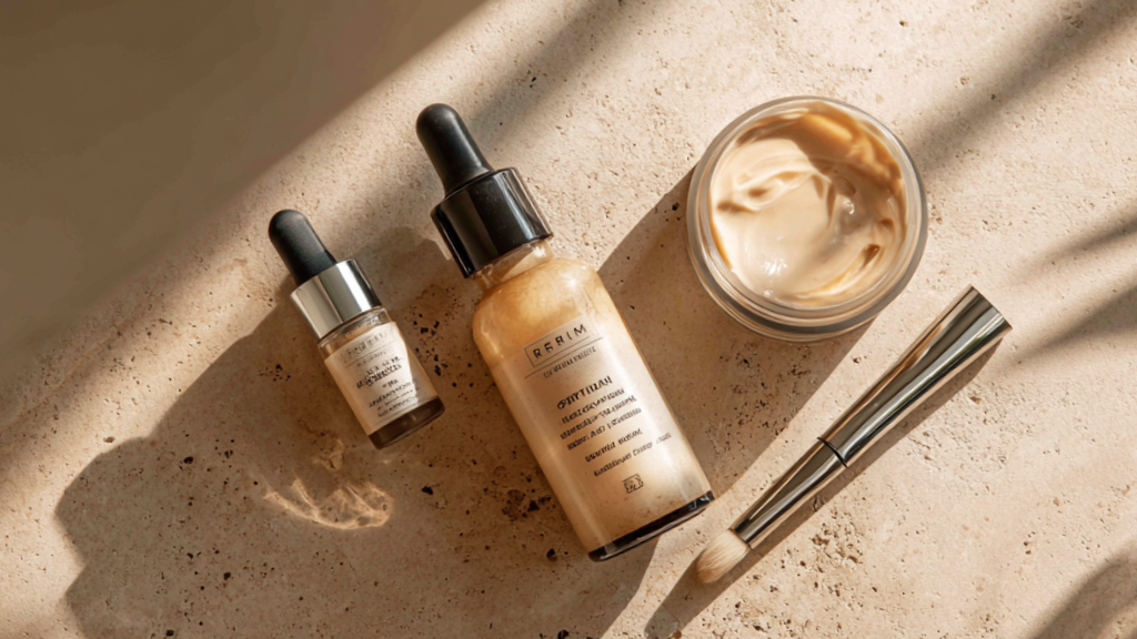 Flat lay of retinol serum, moisturizer, and skincare tools on a neutral surface, representing a gentle anti-aging skincare routine.