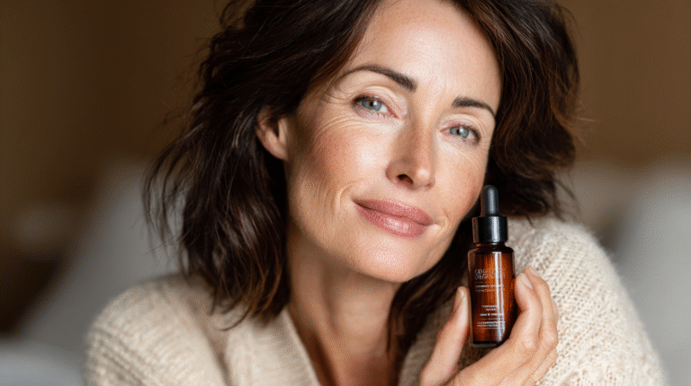 Woman in her 40s with natural, healthy-looking skin and visible fine lines, representing mature skin and gentle anti-aging skincare with retinol